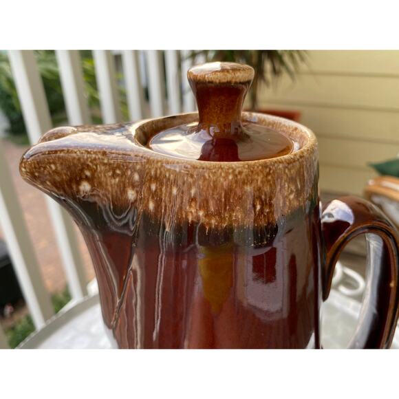 Vintage Hall Pottery Pitcher Coffee Pot Brown Drip Glaze With Lid - Picture 3 of 10